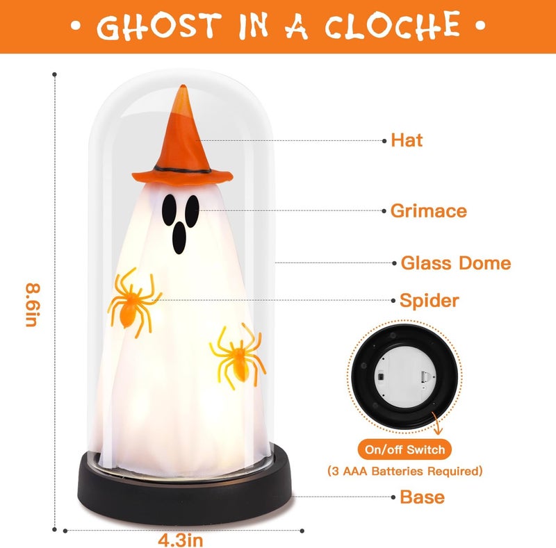 Tayfeim Halloween Decor-Halloween Decorations Indoor-Light Up Ghost in Glass Cloche-Cute Ghost with Light for Home Kitchen Mantel Tabletop Party Decor- Ghost-Orange - Image 5